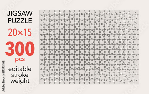 Empty jigsaw puzzle grid template, 20x15 shapes, 300 pieces. Separate matching puzzle elements. Flat vector illustration layout, every piece is a single shape.