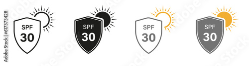 Sunblock SPF 30, Skin Protect Pictogram. Shield Block Ultraviolet Rays Symbol Collection. Sun Protection Line and Silhouette Icon Set. Summer Cream, Solar Safety Label. Isolated Vector Illustration