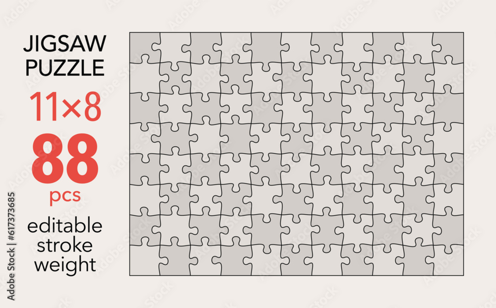 Empty jigsaw puzzle grid template, 11x8 shapes, 88 pieces. Separate matching puzzle elements. Flat vector illustration layout, every piece is a single shape. Empty jigsaw puzzle grid template, 11x8 shapes, 88 pieces. Separate matching puzzle elements. Flat vector illustration layout, every piece is a single shape.