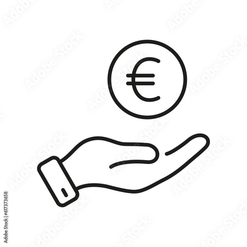 Euro Coin in Human Hand Line Icon. Save Money Sign. Salary, Finance Payment Linear Pictogram. Business Wealth Outline Symbol. Financial Economy. Editable Stroke. Isolated Vector Illustration
