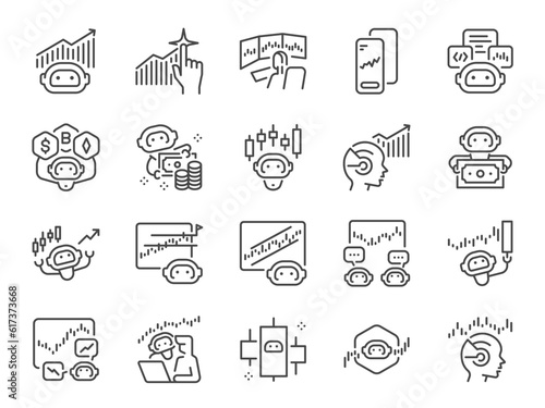AI trading icon set. It included trade, stocks, algorithm,  bot, forex, and more icons. Editable Vector Stroke.
