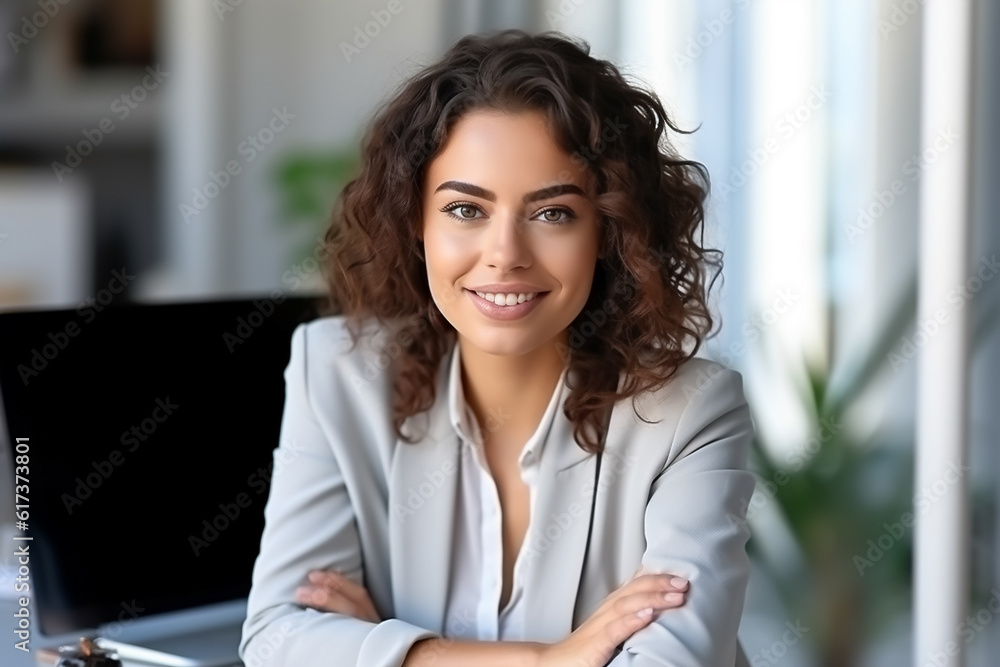 young attractive business woman sitting at desk in office and smiling confidently into camera - theme management, equality or education - Generative AI young attractive business woman sitting at desk in office and smiling confidently into camera - theme management, equality or education - Generative AI