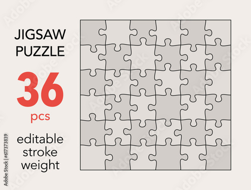 Empty jigsaw puzzle grid template, 6x6 shapes, 36 pieces. Separate matching puzzle elements. Flat vector illustration layout, every piece is a single shape.
