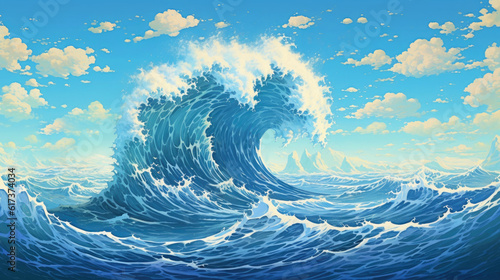Big ocean single swirling wave and blue sky with clouds illustration.