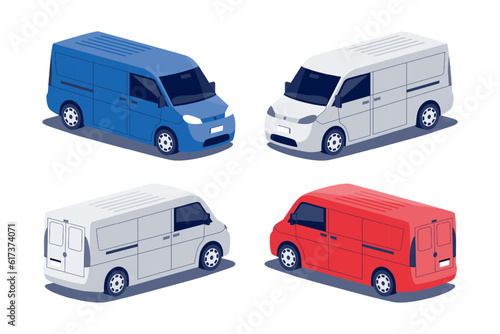 Modern delivery cargo van car. Minivan middle size lorry minibus vehicle. Small truck RV corporate commercial transport. Isolated vector red blue object on white background in isometric dimetric style (ID: 617374071)