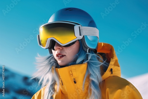 Woman is standing on snowy mountain ski slope. Concept of mountain skiing and snowboarding. Generative ai image. © nuclear_lily