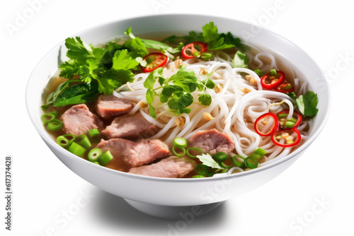 broth food noodle white bowl traditional soup asian dish meal background. Generative AI.