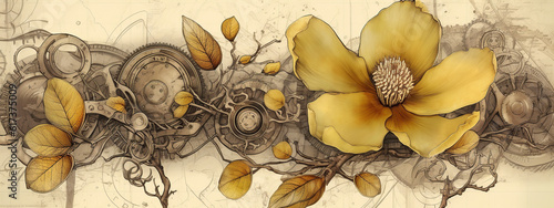 floral, vintage background, flover, products, enginer, generative, ai, steampunk, background, clockwork, brooch, jewelry, wight, yellow