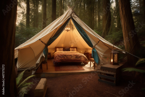 vacation nature travel luxury glamping camping canvas forest tent light. Generative AI. © SHOTPRIME STUDIO