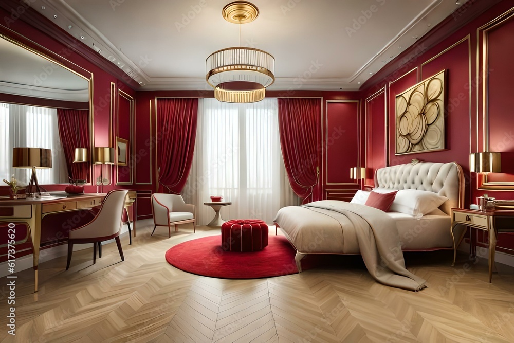 Classic bedroom in red tones with modern furniture, parquet, velvet double bed, side tables, chair and pouf, mirror and pendant lamp, round carpet and decors. Interior design idea, 3d illustration