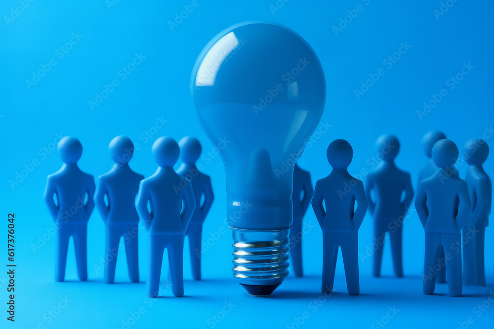 A group of business people gather around a light bulb. Business idea concept A group of business people gather around a light bulb. Business idea concept