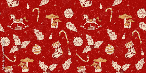 Christmas seamless pattern in red, yellow, tan beige. Original illustration pattern design for Christmas Eve or New Year celebration. Perfect for gift, web banner, card, poster, etc.