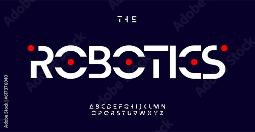 Geometric futuristic alphabet, robotic stencil letters, abstract font for minimalistic clean logo, unusual innovative headline, minimal simple typographic design. Vector typeset
