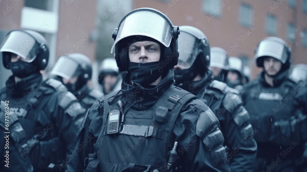 Obraz premium police in full gear on the street. police in hardhats, hard hats and body armor fighting against protests or riots.Generative AI