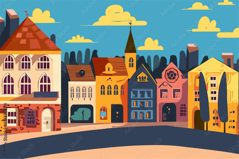 Cartoon medieval town. Vector illustration in flat style. Colorful houses landscape background