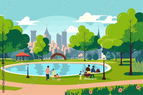 City park in flat style. Green city landscape. Vector illustration background