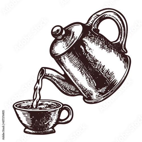 teapot and cup vintage vector sketch