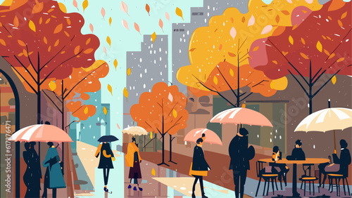 Autumn city landscape with people walking in the street, vector illustration background