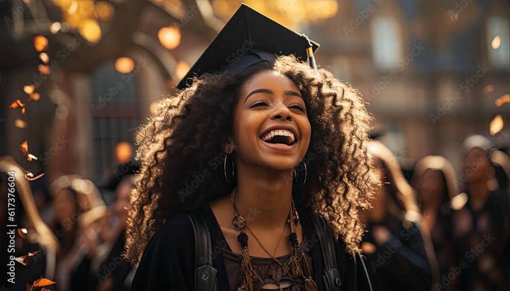 Obraz premium Graduation party of a black young girl. Portrait of black american young woman wearing a graduation cap