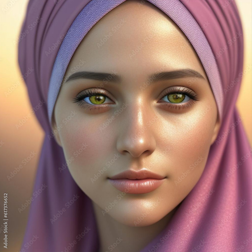 Close up portrait of a beautiful young woman wearing a head covering. Generative AI Close up portrait of a beautiful young woman wearing a head covering. Generative AI