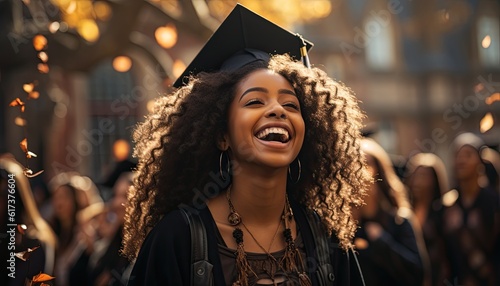 Graduation party of a black young girl. Portrait of black american young woman wearing a graduation cap