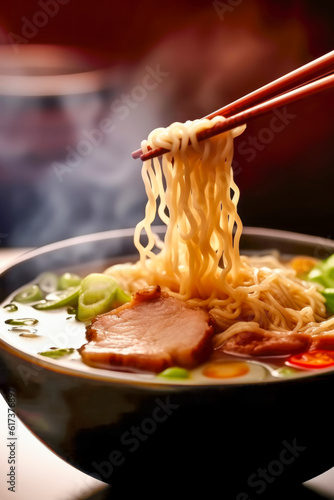 Backlit shot of hot steaming fresh pork Ramen noodles with some added extra red chil in an ornate soup bowl, with some noodles being held up by chopsticks, ready to be eaten. Created by Generative AI.