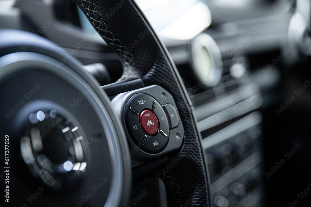 Red special horn button for cyclists on the steering wheel of a modern car. Cyclists and drivers on the road Red special horn button for cyclists on the steering wheel of a modern car. Cyclists and drivers on the road