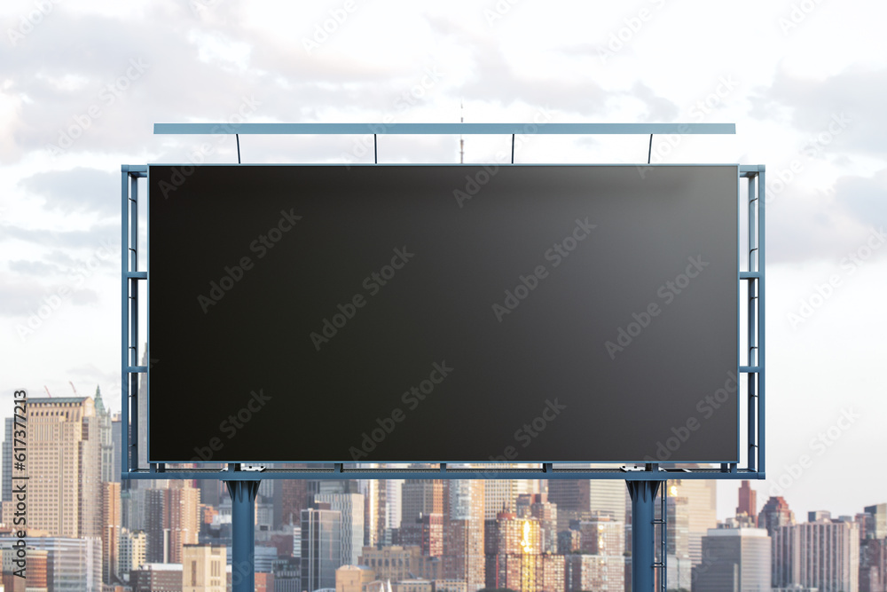 Blank black horizontal billboard on cityscape background, front view. Mockup, advertising concept Blank black horizontal billboard on cityscape background, front view. Mockup, advertising concept