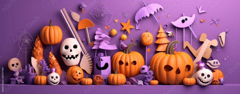 party pumpkin holiday celebration halloween orange candy purple sweet spider. Generative AI.