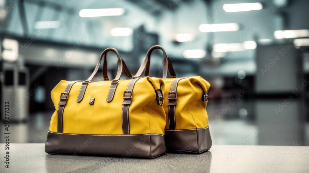 Fototapeta premium Chic luggage awaits, aligned at the private gate. Ahead, an elegant jet signals the promise of a stylish journey to an undisclosed destination. Generative AI