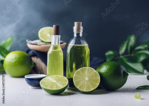 organic lemon treatment lime spa skincare body natural bottle oil. Generative AI.