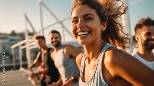 Active lifestyle concept with a group of friends. Happy runner couple exercising outside as part of healthy lifestyle. People sport running concept. Generative ai.