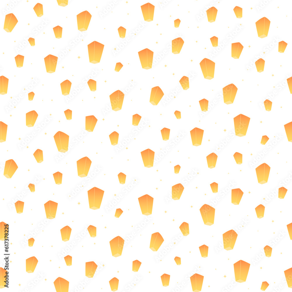 Flying sky lanterns, stars seamless pattern on transparent background. Hand drawn vector illustration. Flat style design. Traditional Asian holiday Mid Autumn Festival, Thai New Year Songkran print Flying sky lanterns, stars seamless pattern on transparent background. Hand drawn vector illustration. Flat style design. Traditional Asian holiday Mid Autumn Festival, Thai New Year Songkran print