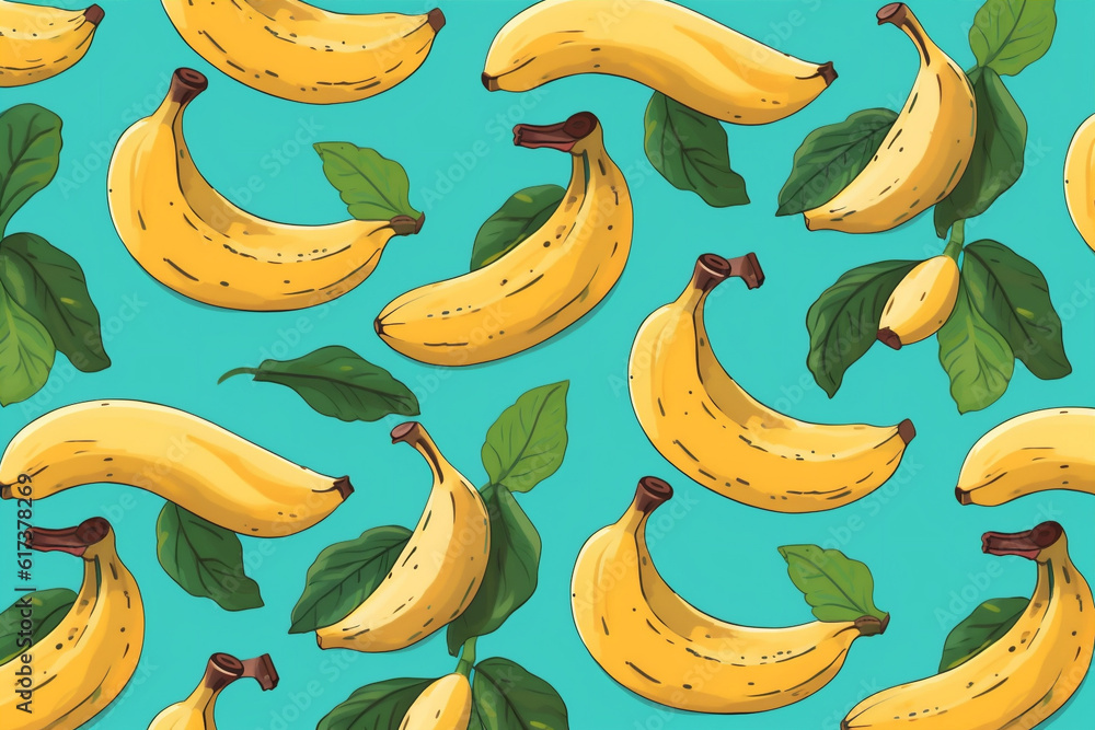 sweet yellow fruit background trendy food pattern blue fresh banana print. Generative AI.