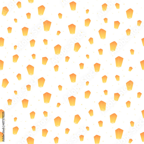 Flying sky lanterns, stars seamless pattern on transparent background. Hand drawn vector illustration. Flat style design. Traditional Asian holiday Mid Autumn Festival, Thai New Year Songkran print