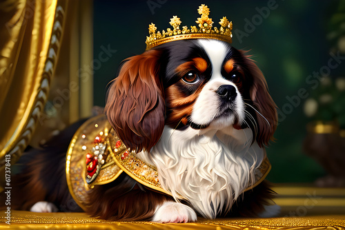 A kingly Cavalier King Charles Spaniel with a crown and royal regalia photo