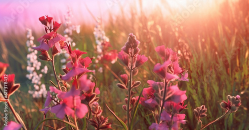 nature beautiful background blooming violet sunset field meadow flower pink sky. Generative AI.