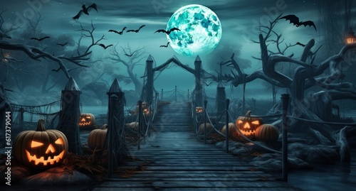 Halloween scene with jackolanterns, ghosts, and skeletons Illustration AI Gen...