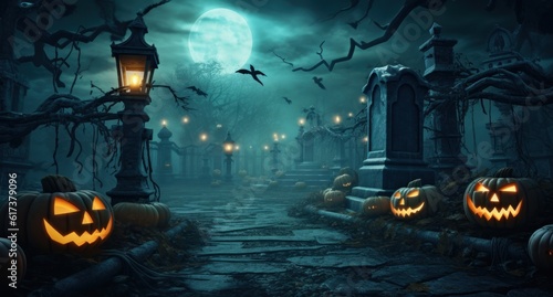 Halloween scene with jackolanterns, ghosts, and skeletons Illustration AI Gen...