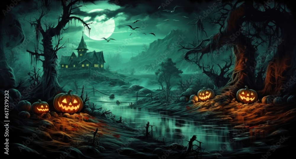 Obraz premium Halloween scene with jackolanterns, ghosts, and skeletons Illustration AI Generative
