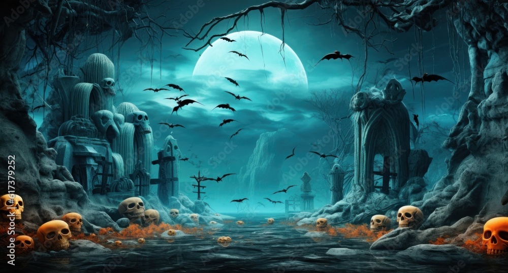Fototapeta premium Halloween scene with jackolanterns, ghosts, and skeletons Illustration AI Generative