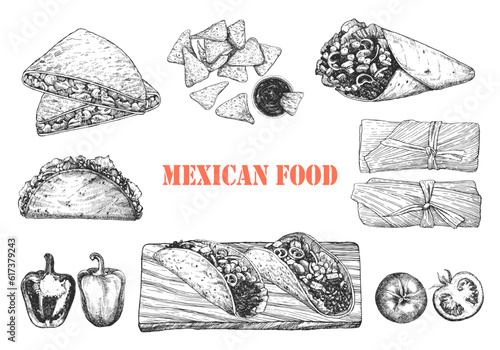 Mexican Food. Menu. Hand-drawn illustration of dishes and products. Ink. Vector 