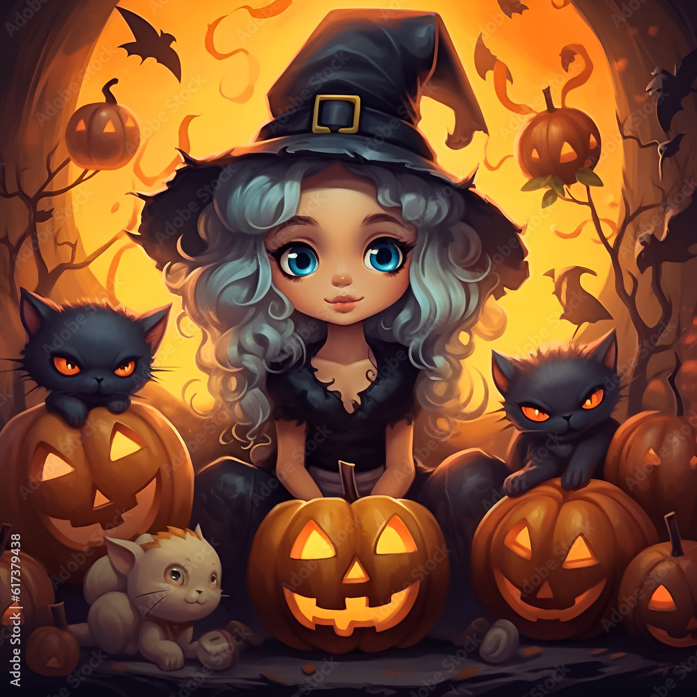 Halloween background with pumpkin and witch. Illustration. Ai generation. Halloween background with pumpkin and witch. Illustration. Ai generation.