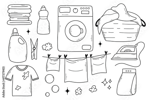 Set of laundry items in doodle style. Linear collection of laundry items. Vector illustration. Isolated elements on a white background.