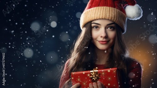 Beautiful girl with Christmas gift box. Illustration AI Generative.