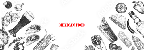 Mexican Food. Menu. Hand-drawn illustration of dishes and products. Ink. Vector 