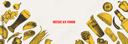 Mexican Food. Menu. Hand-drawn illustration of dishes and products. Ink. Vector 