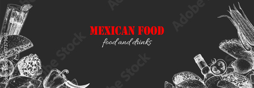 Mexican Food. Menu. Hand-drawn illustration of dishes and products. Ink. Vector 