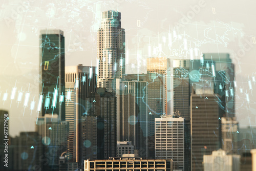Double exposure of abstract creative financial diagram and world map on Los Angeles office buildings background  banking and accounting concept