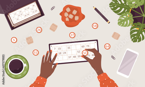 Lotto board game. African female hand holds wooden barrel with number. Kegs in bag and game cards. Top view. Family home activities and hobbies. Vector illustration in flat cartoon style.